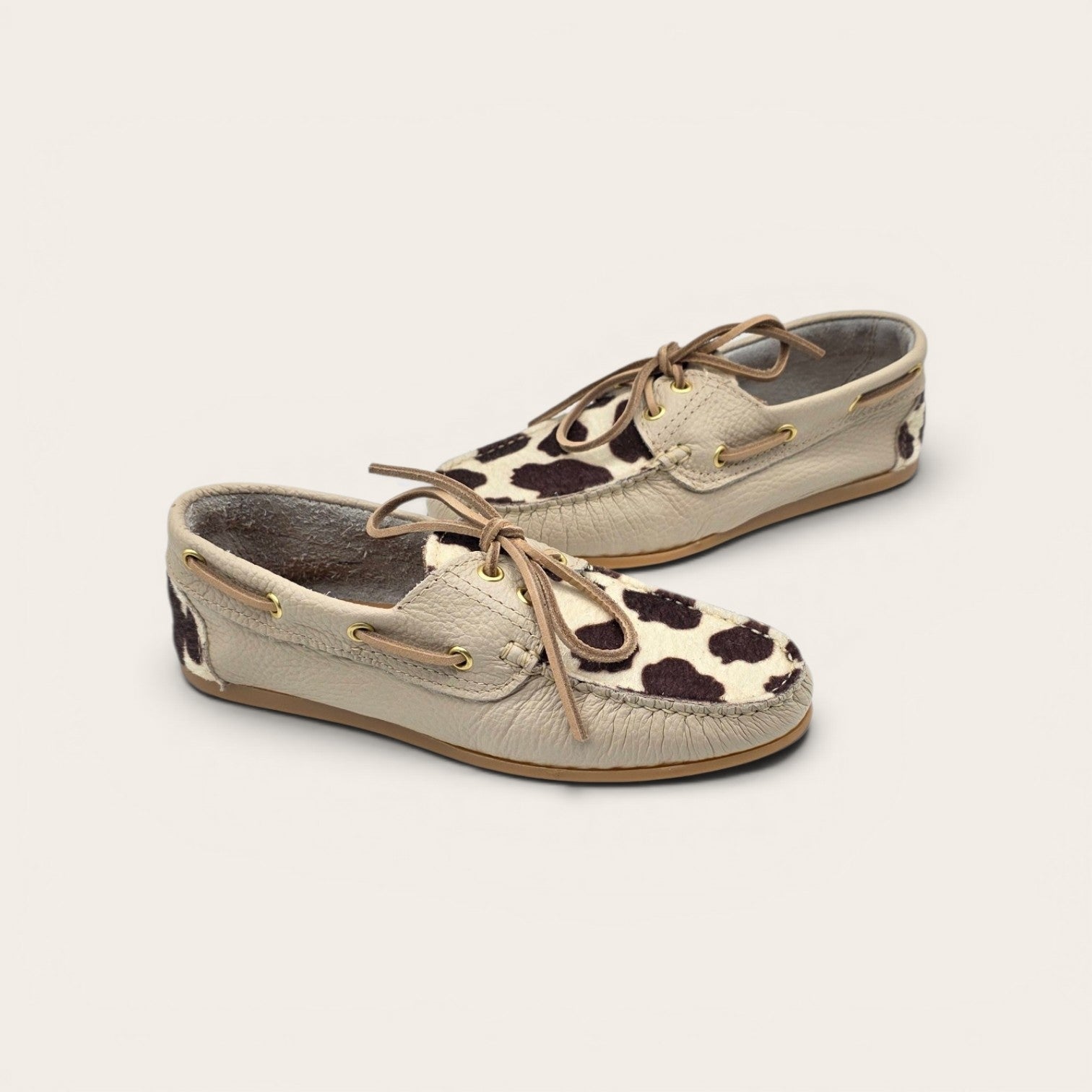 MOCASSINO BARCA DA DONNA IN VERA PELLE  BEIGE + ECO MUCCA