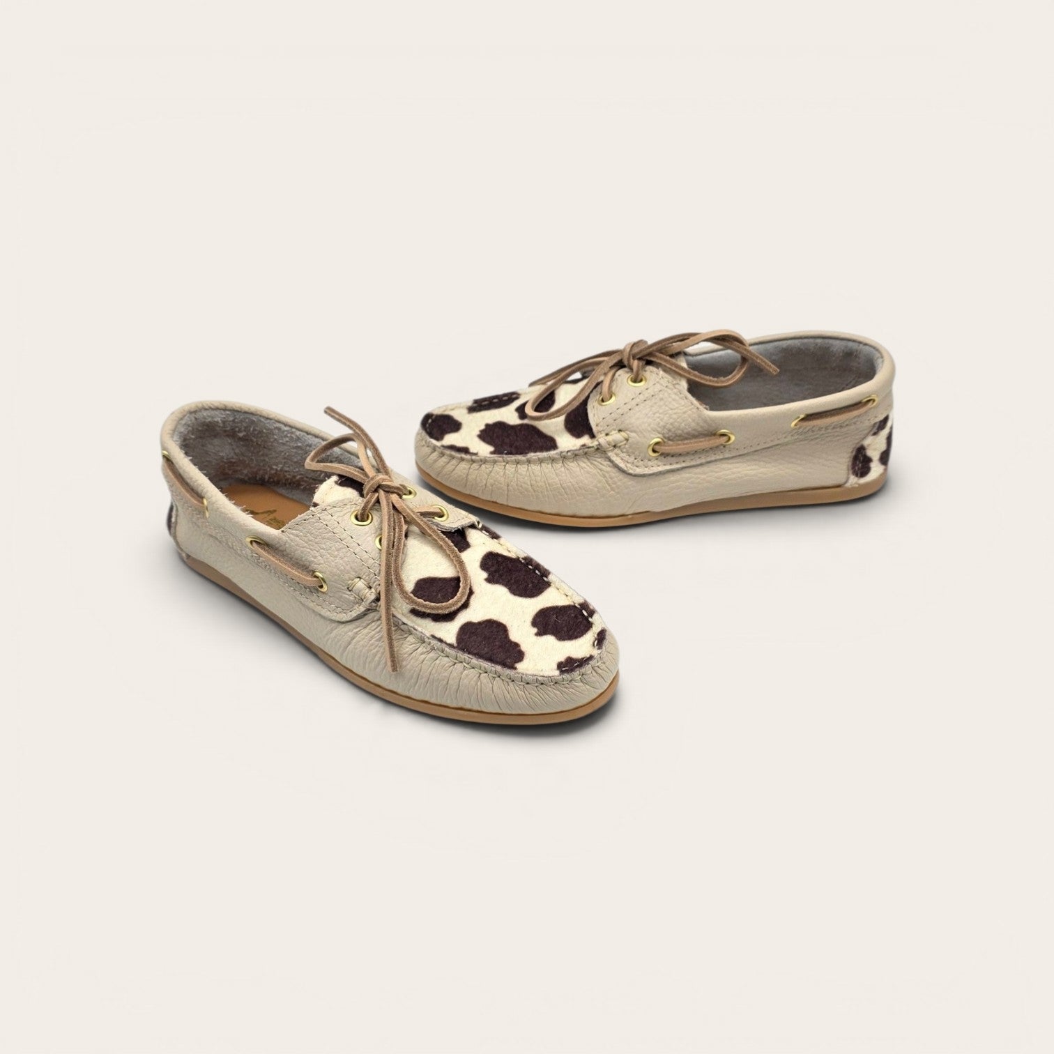MOCASSINO BARCA DA DONNA IN VERA PELLE  BEIGE + ECO MUCCA