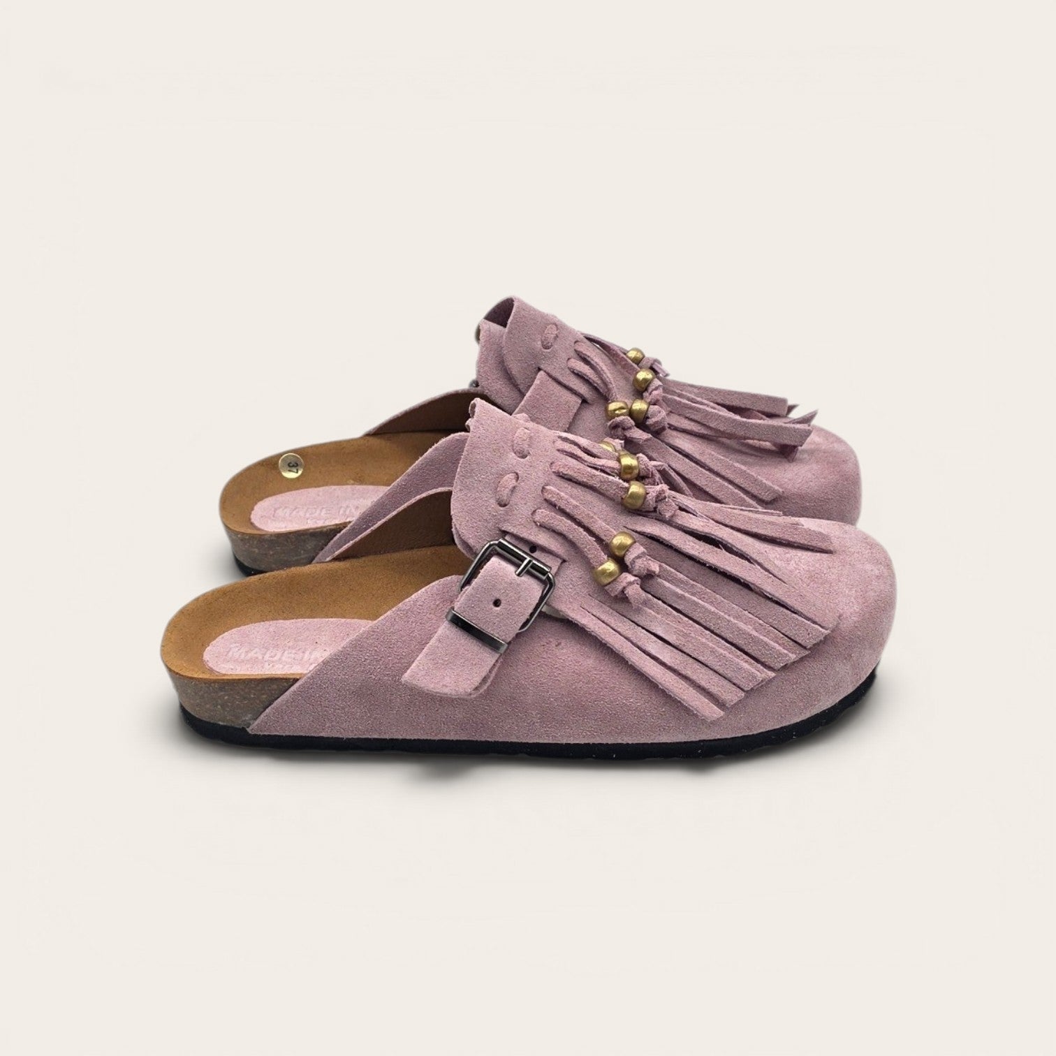 SABOT IN VERA PELLE CON FRANGIA E PERLINE