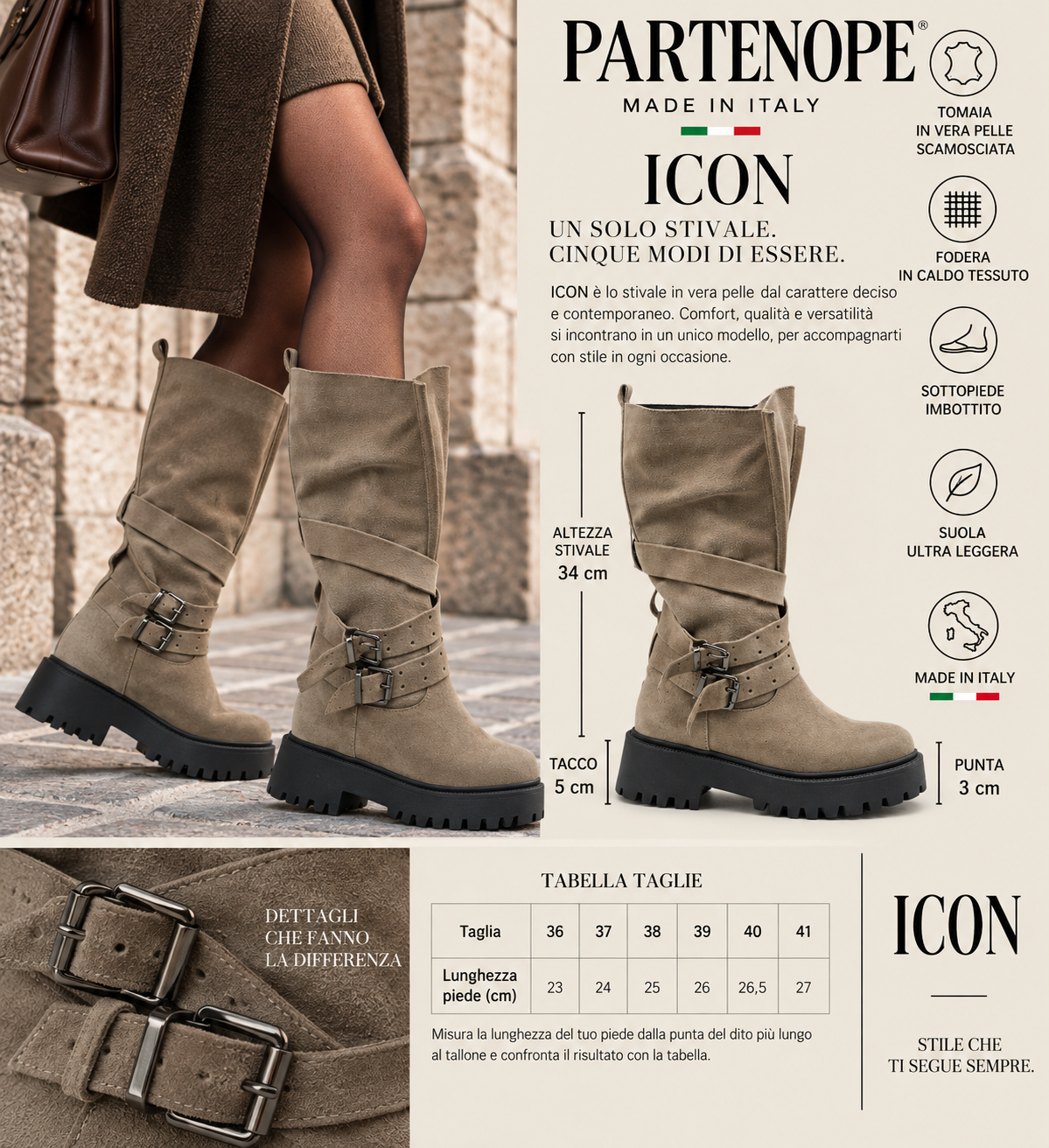 STIVALE ICON IN VERA PELLE CAMOSCIO TORTORA