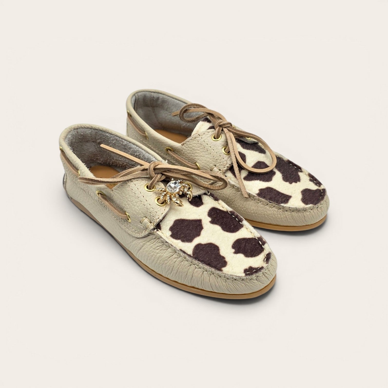MOCASSINO BARCA DA DONNA IN VERA PELLE  BEIGE + ECO MUCCA