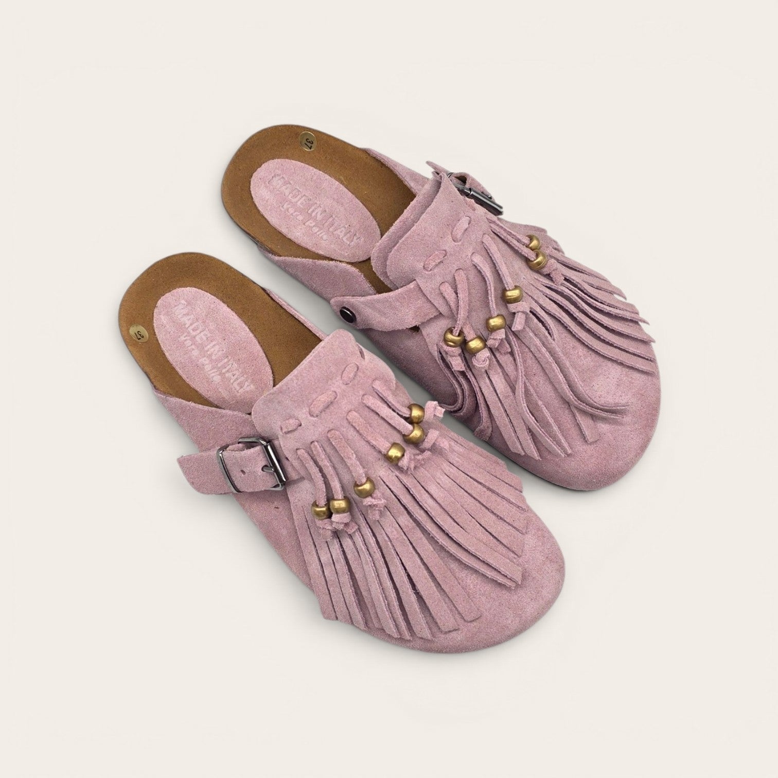 SABOT IN VERA PELLE CON FRANGIA E PERLINE