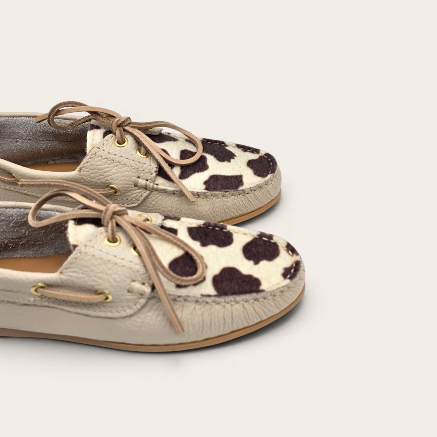 MOCASSINO BARCA DA DONNA IN VERA PELLE  BEIGE + ECO MUCCA