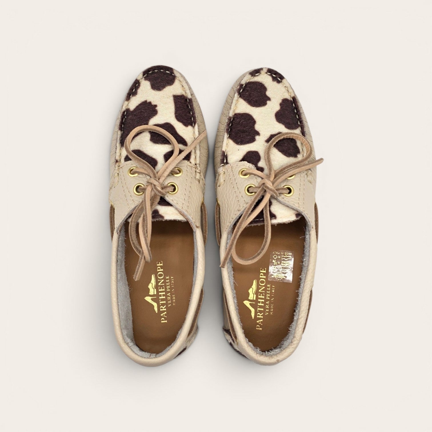 MOCASSINO BARCA DA DONNA IN VERA PELLE  BEIGE + ECO MUCCA
