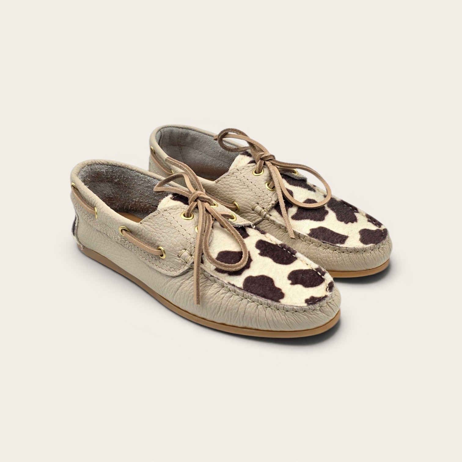 MOCASSINO BARCA DA DONNA IN VERA PELLE  BEIGE + ECO MUCCA
