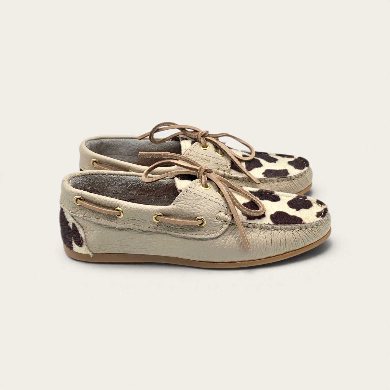 MOCASSINO BARCA DA DONNA IN VERA PELLE  BEIGE + ECO MUCCA