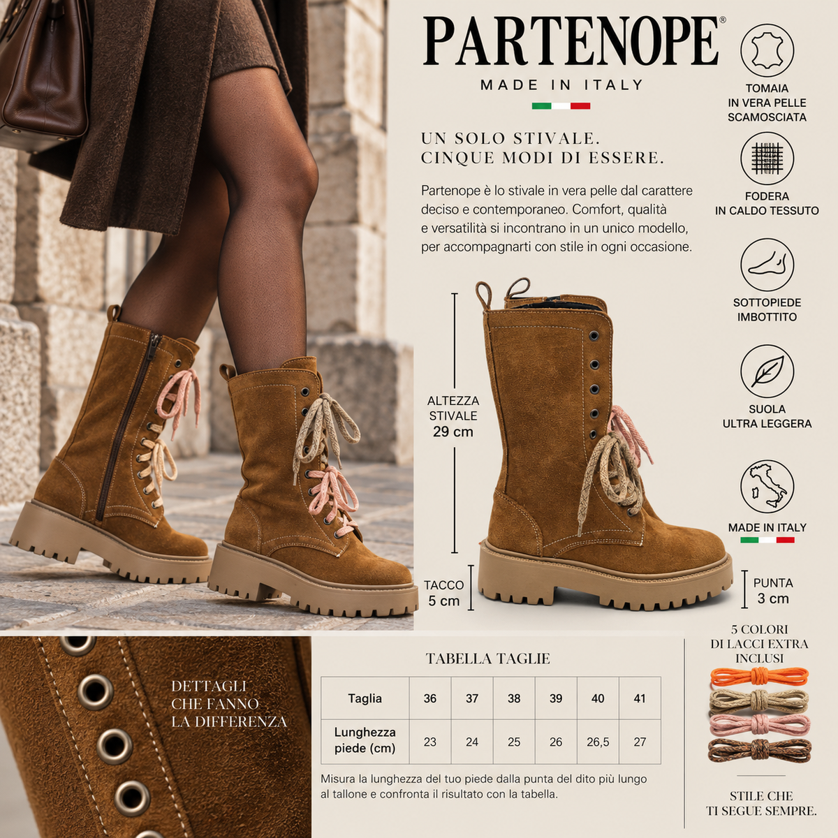 STIVALETTO PARTENOPE IN VERA PELLE CAMOSCIO CUOIO