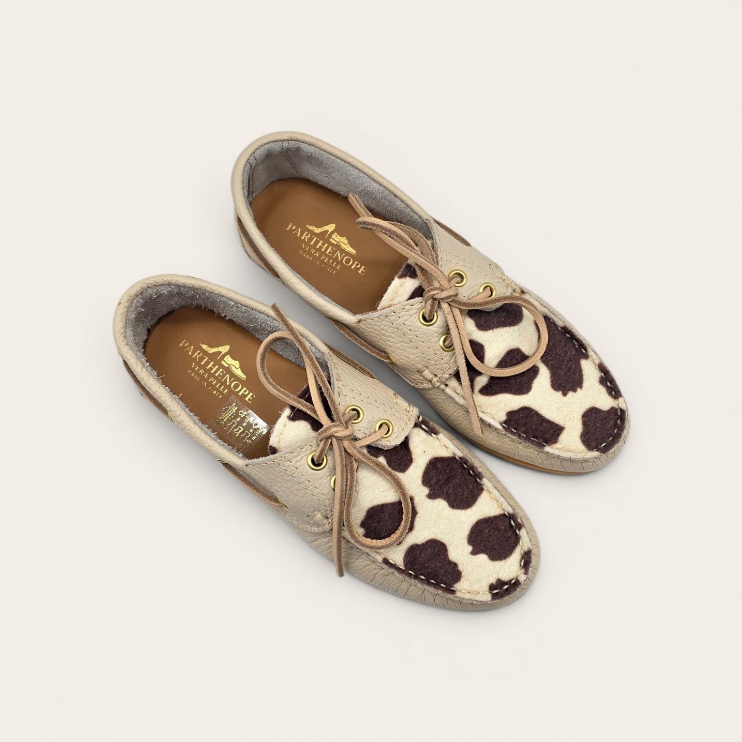 MOCASSINO BARCA DA DONNA IN VERA PELLE  BEIGE + ECO MUCCA