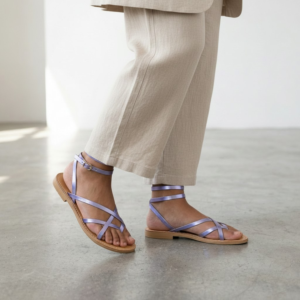 SANDALO CAPRI IN VERA PELLE LAMINATA GLICINE