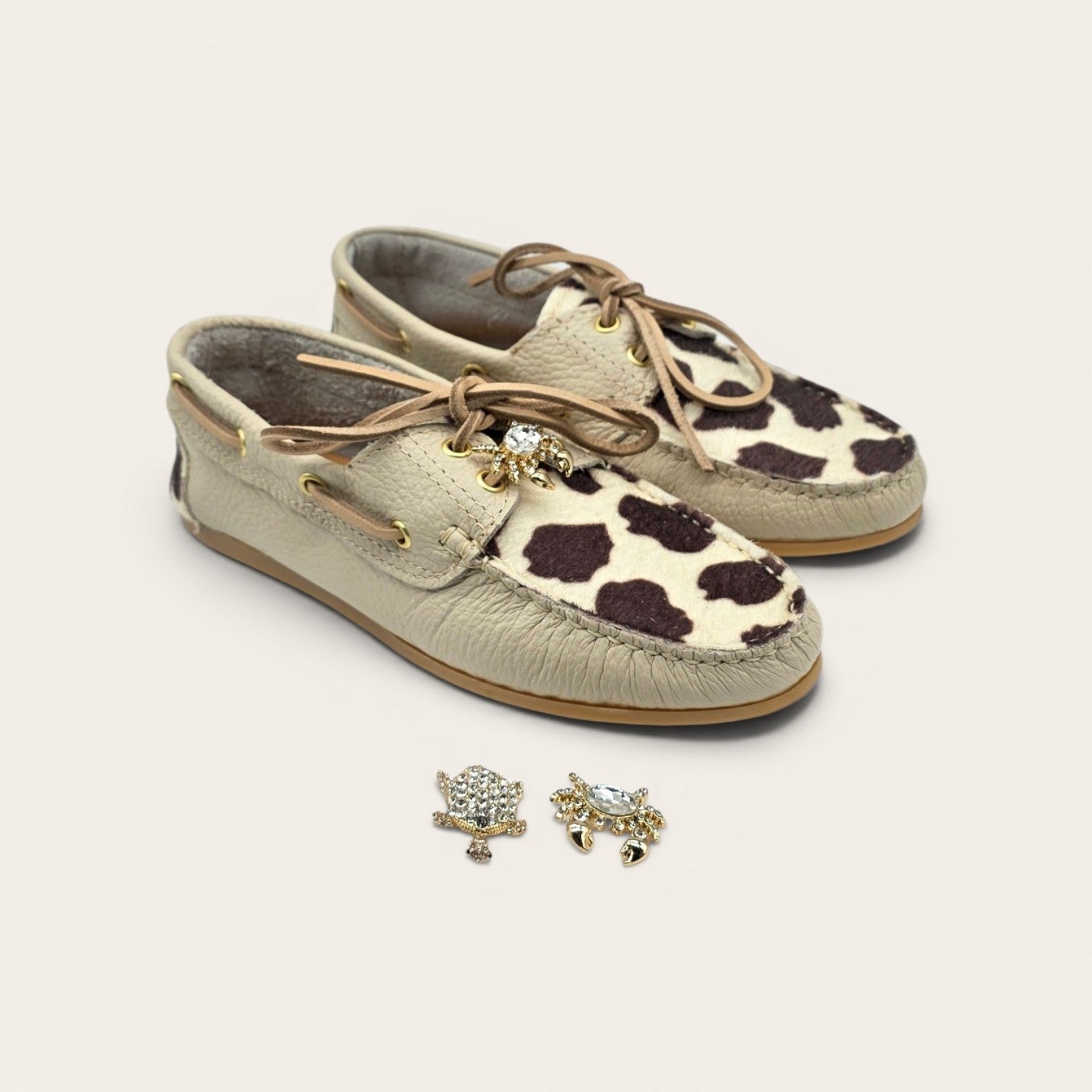 MOCASSINO BARCA DA DONNA IN VERA PELLE  BEIGE + ECO MUCCA