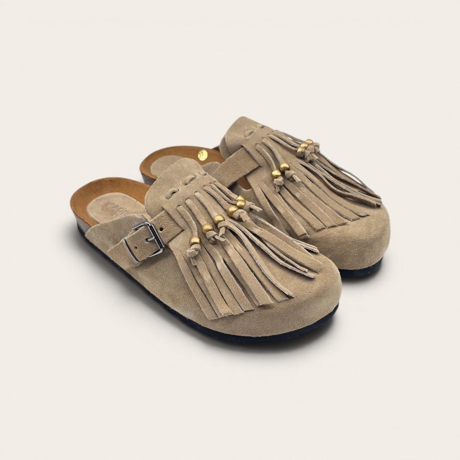 SABOT IN VERA PELLE CON FRANGIA E PERLINE BEIGE